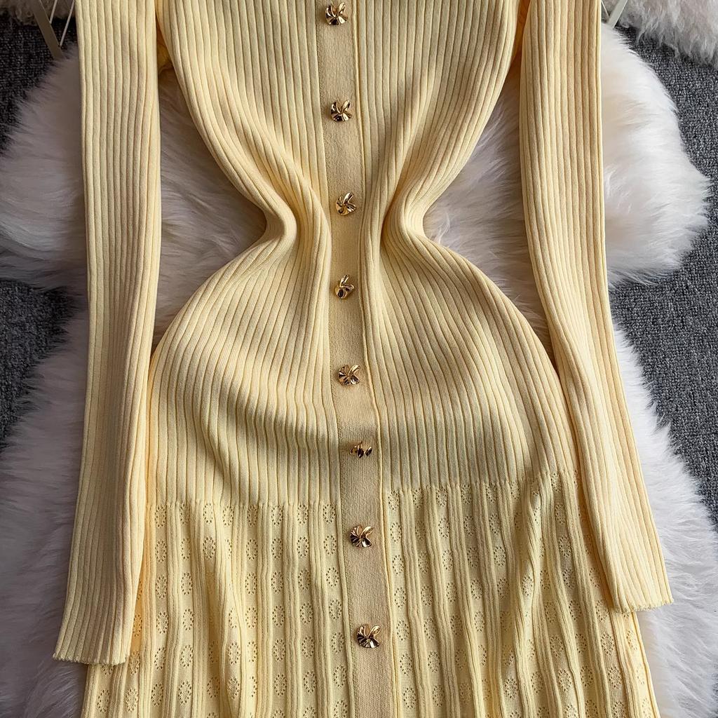 Women Dress Autumn Winter Vintage Turn-down Collar Long Sweater Dress Elegant Office Lady Dresses Chic Party Vestidos