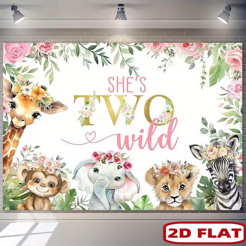 Toile de fond d'anniversaire 2D Two Wild avec animaux de safari floraux Décoration de fête