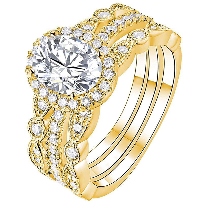 

Huitan Luxury Set Rings 3Pcs Bling Bling Crystal CZ Female Wedding Accessories Fashion Gold Color Finger Zircon for Engagement 6