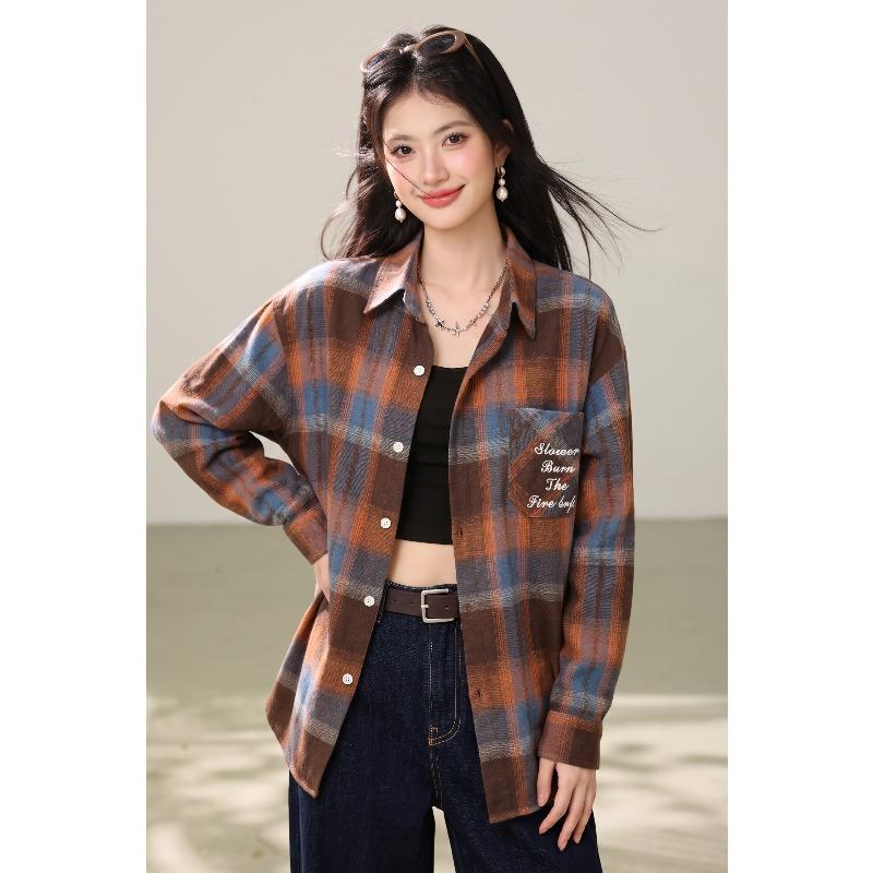 DIMANAF 2026 Autumn New Plus Size Women Vintage Plaid Long Sleeve Shirt Loose Casual Cotton Tops