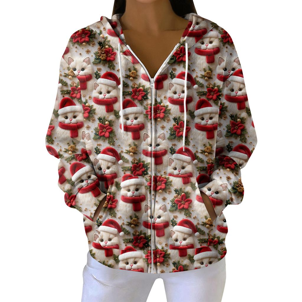 Women's Casual Fashion Long-Sleeved Zip-Up Christmas Print Knitted Hoodie