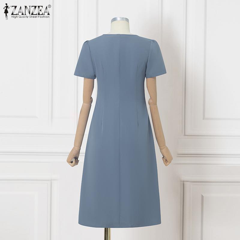 ZANZEA Women Summer Casual V-Neck Short Sleeve Pleated Dress