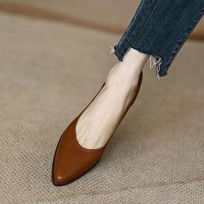 Retro polierte Schuhe mit dickem Absatz für Damen im Frühling und Herbst 2025, die neue spitze Zehenpartie, flacher Ausschnitt, schlichtes Pendeln, Slipper