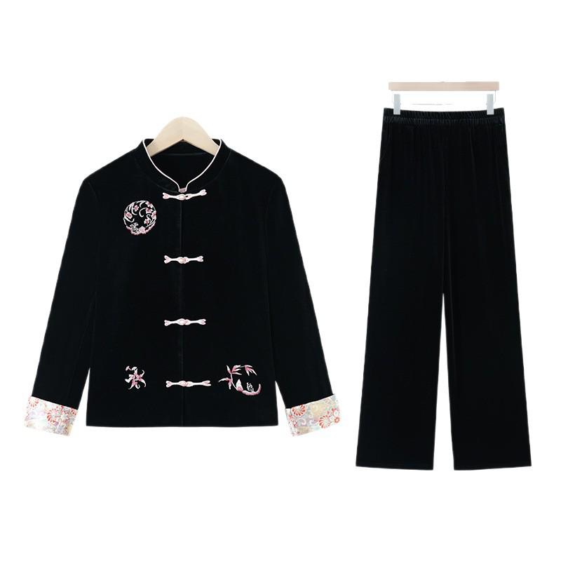 2025 Spring/Autumn Classic Chinese Style Velvet Two-Piece Set for Middle-Aged Women