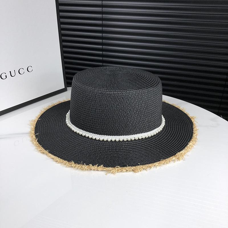 

Женская соломенная шляпа в французском стиле с жемчугом, пляжная шляпа для защиты от солнца, защита от УФ-лучей, шляпа от солнца с плоским верхом для прогулок Adjustable чёрный
