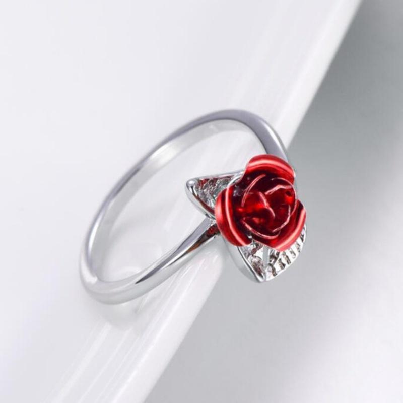 Anillo Abierto Flor Rosa Roja Hoja Flor de Pedrería para Mujer Anillo de Dedo Ajustable Joyería Regalo de San Valentín Compromiso