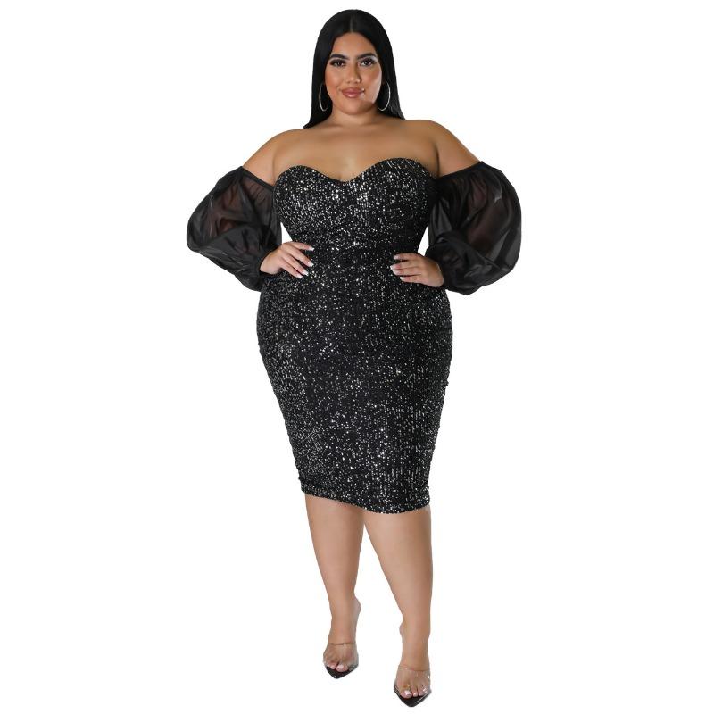 Plus Size Black Sequin Off Shoulder Puff Sleeve Bodycon Midi Dress L