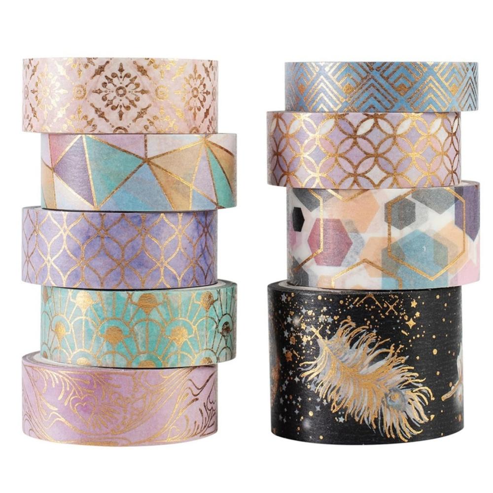 9 Rolls Mystic Gold Washi Tape Set Wide Gold Silver Foil Masking Tape Adhesive Decorative Stickers for Arts DIY Crafts