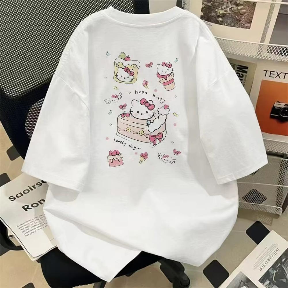 2026 Hello Kitty Short Sleeve for women,casual crew neck, cute cartoon print, Comfortable and loose-fitting