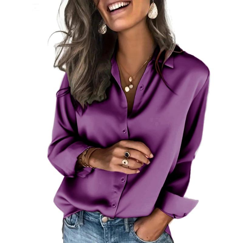 

Fashion Loose Long Sleeve Women Shirt Female Elegant Satin Blouse Lapel Casual Top Solid Color Office Female Sweet Spring Autumn Clothing XXL фіолетовий