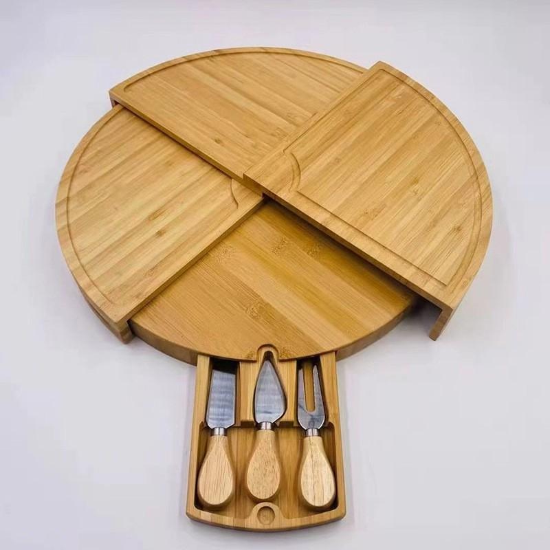 Round Rotating Bamboo Cheese Board Set with Knives - Perfect for Serving Cheese, Steak, Bread, Fruit, and Snacks