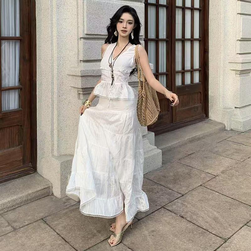 

Island Travel Photo Vacation Lace Vest Cake Long Dress Slim Two-piece Set S белый