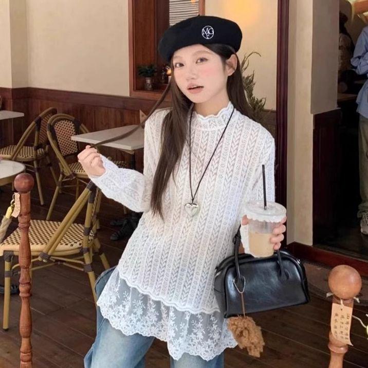 

French Long-Sleeved Lace T-Shirt: Loose, Mid-Length Autumn/Winter Women s Layering Top S білий