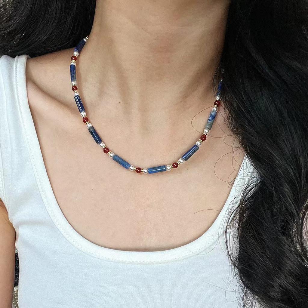 Niche High-end Versatile Lapis Lazuli Contrast Retro Baby's Breath Collarbone Chain Necklace Female Atmosphere Beaded Necklace