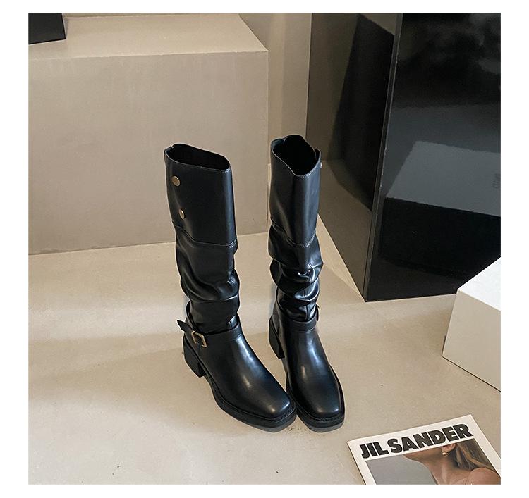 Women's Cowhide Retro Thick-Soled Over-the-Knee Western Boots with Two-Way Belt Buckle and Stacked Heels