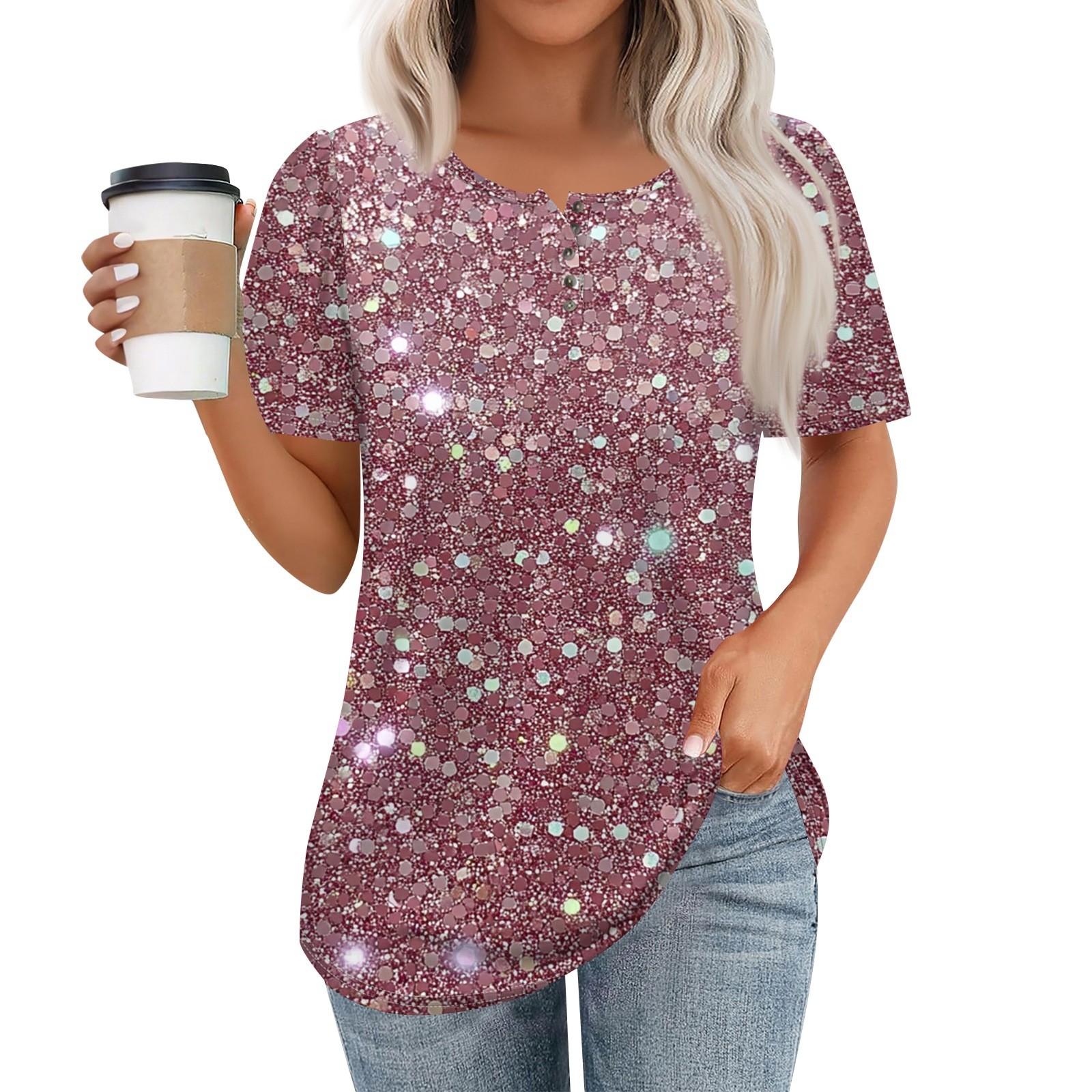 

Женский модный повседневный короткий рукав пуловер с принтом на пуговицах и круглым вырезом S розовый