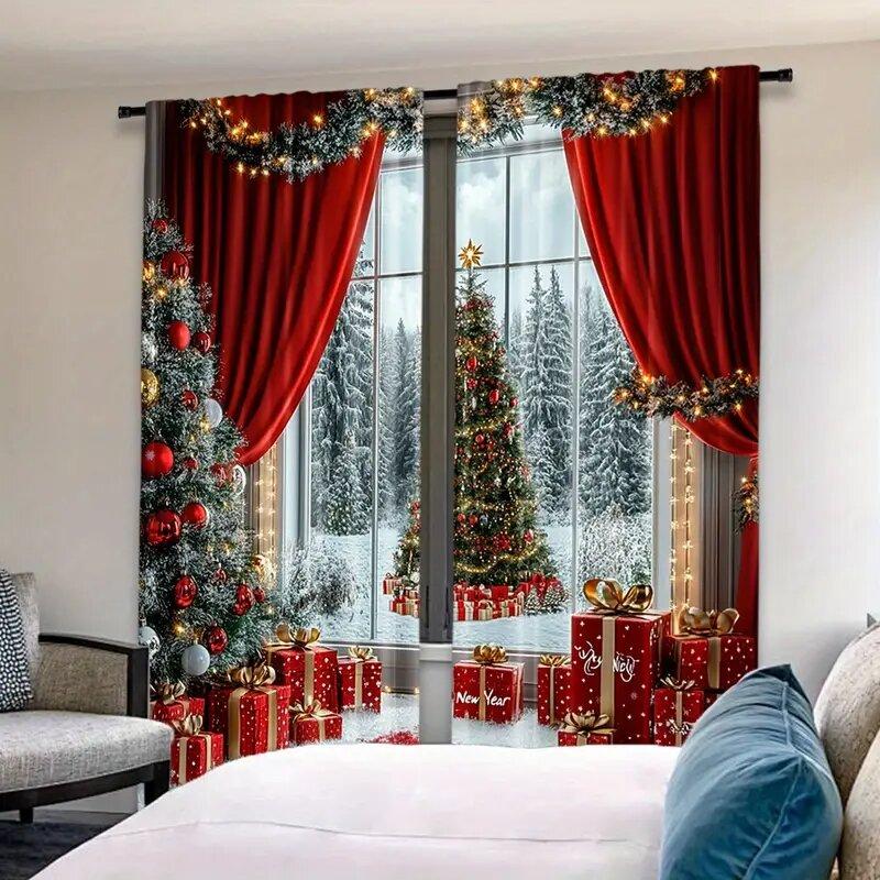 2 Pieces - Christmas tree pattern printed curtains   pole bag curtains   home decoration   room decoration