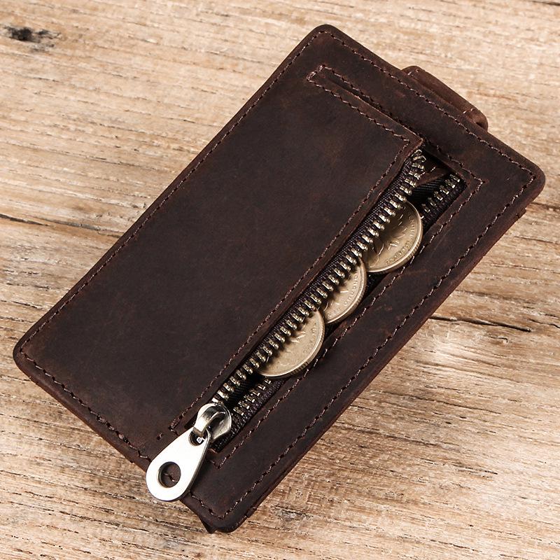Crazy Horse Leather Anti-Theft Card Holder with Automatic Aluminum Alloy Slot and Zippered Coin Purse