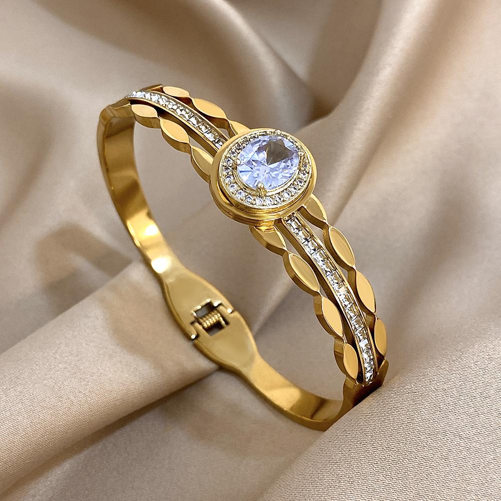Stainless Steel Bangle Bracelet Inlay Luxury Rhinestones Gorgeous Synthetic Zirconia Geometric Oval Square Stars Shape for Women