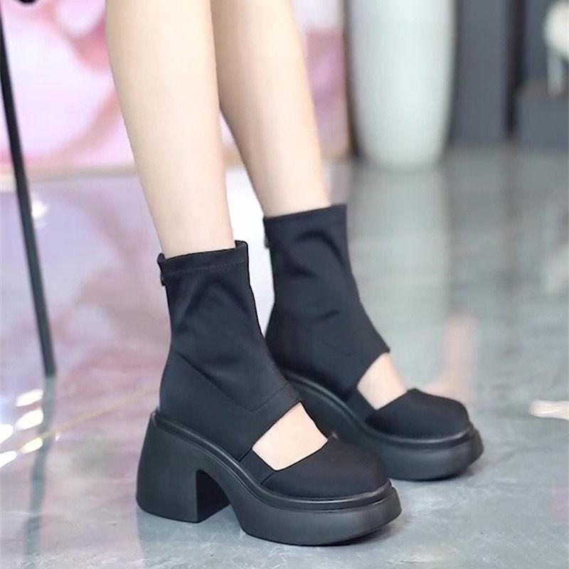 Thin elastic thin boots round head thick heel thick sole waterproof table spring short boots hollow Martin boots women