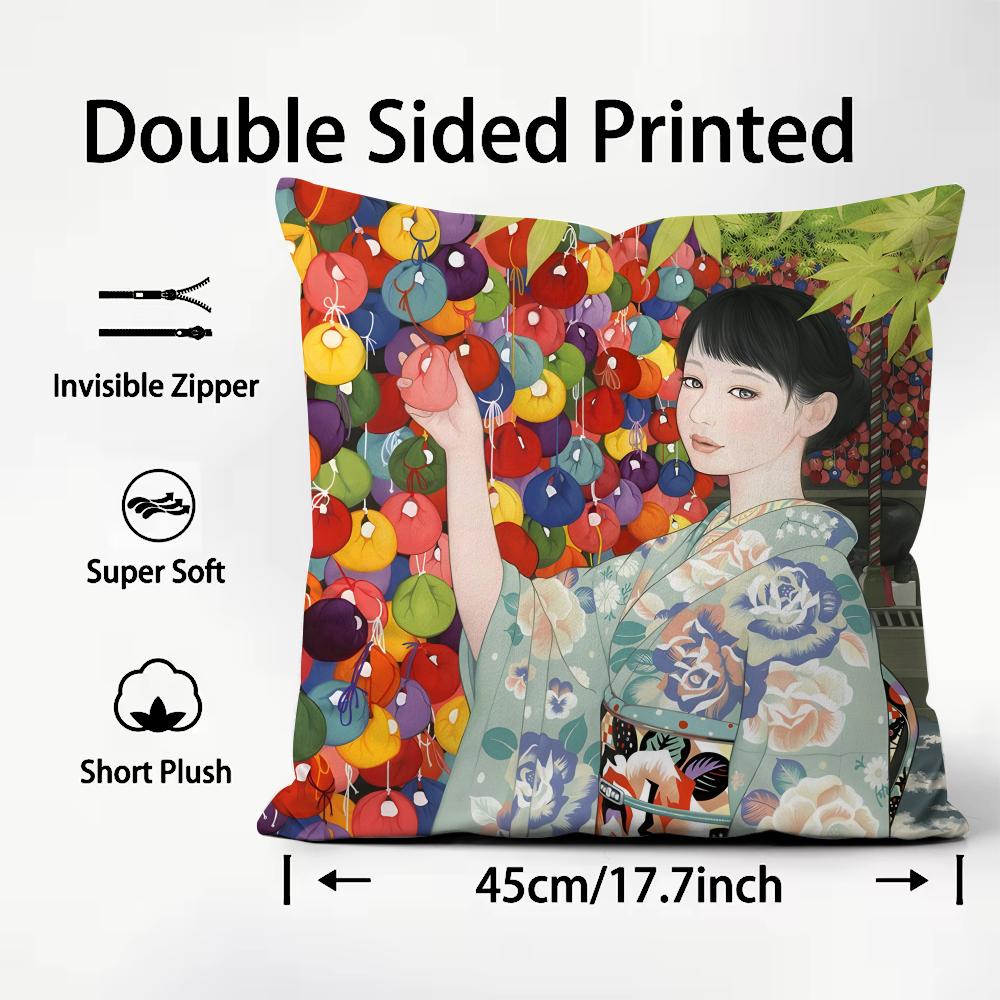 Kimono Girl Japanese Style Cushion Cover Plush Fabric Soft DoubleSided Printed Sofa Warm Winter Home Child Gift Pillow Case