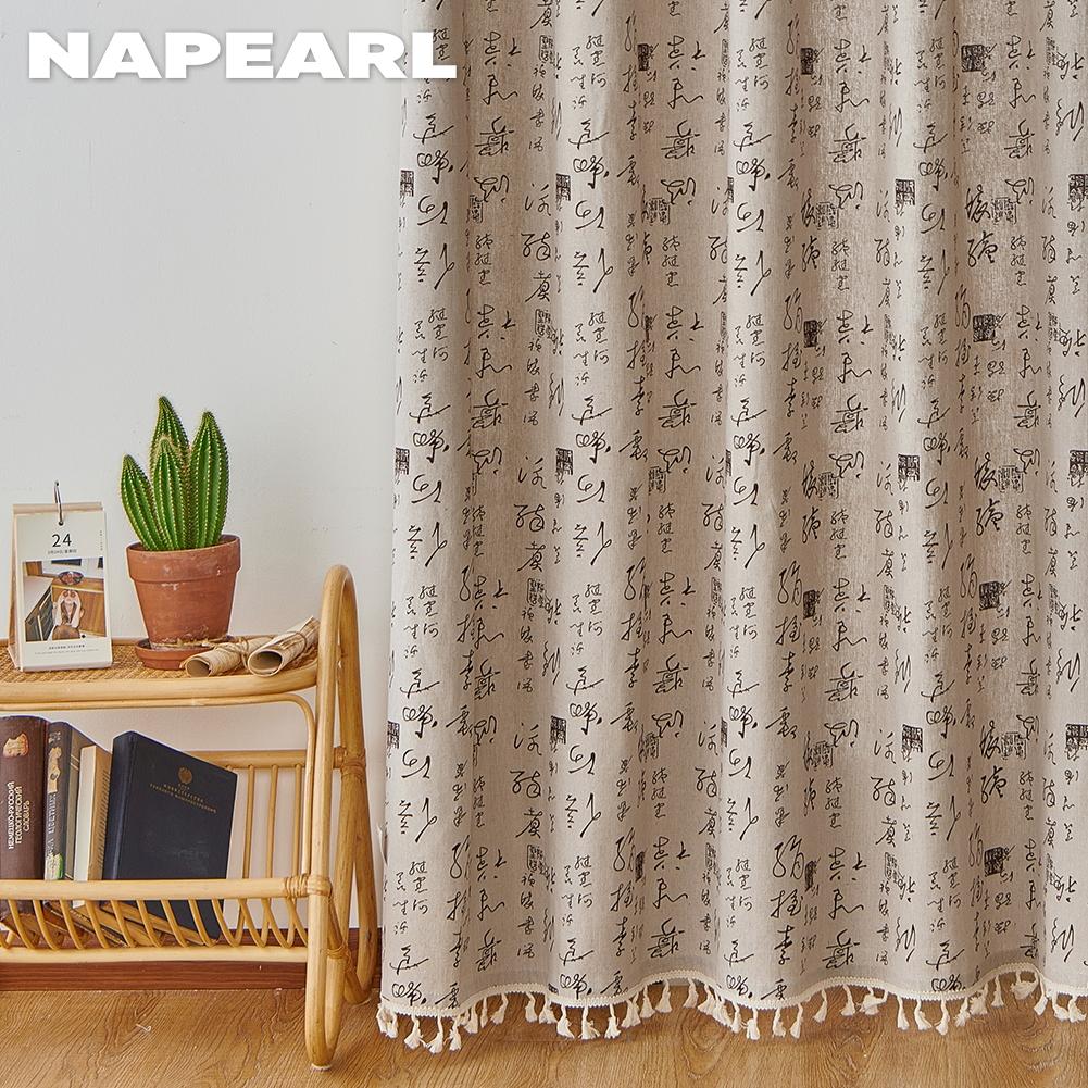 1PC NAPEARL Artistic Chinese Calligraphy Pattern Tassel Decoration Semi Blackout Curtain for Windows Balcony Bedroom and Living Room Home Decor