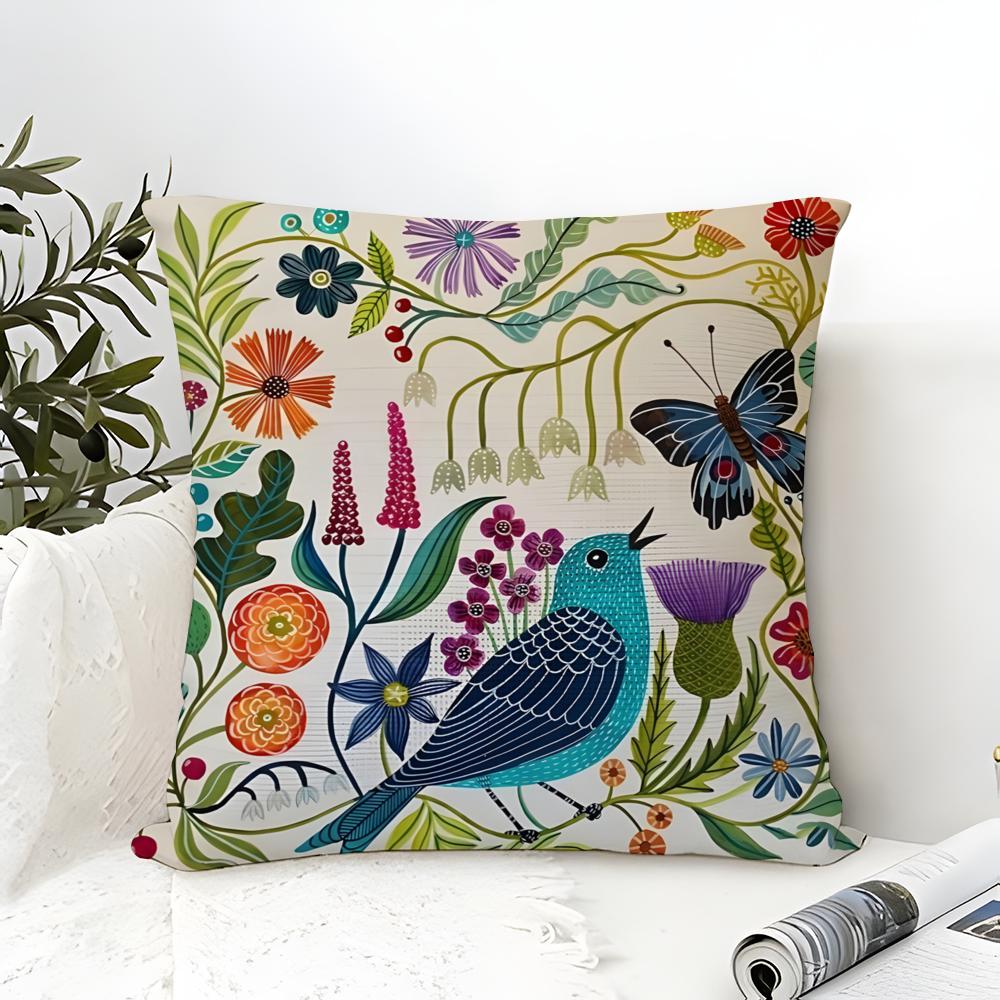 Butterfly, Bird And Flower Print Pillow Case Cotton Linen Fabric Square Zipper Pillowcase Home Decorative Living Room