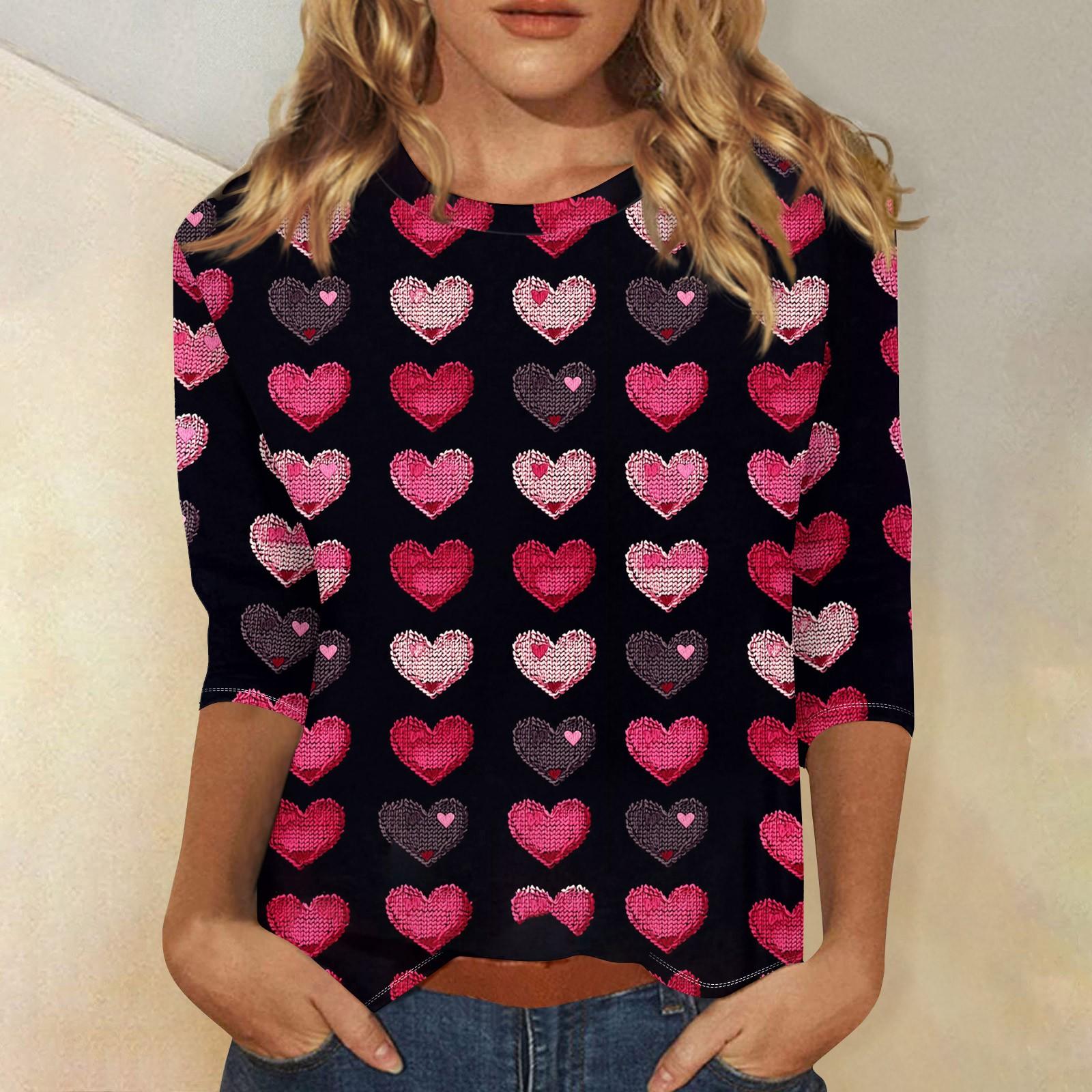 

Женская повседневная свободная футболка с круглым вырезом и принтом ко Дню святого Валентина с рукавами три четверти XL арбуз красный