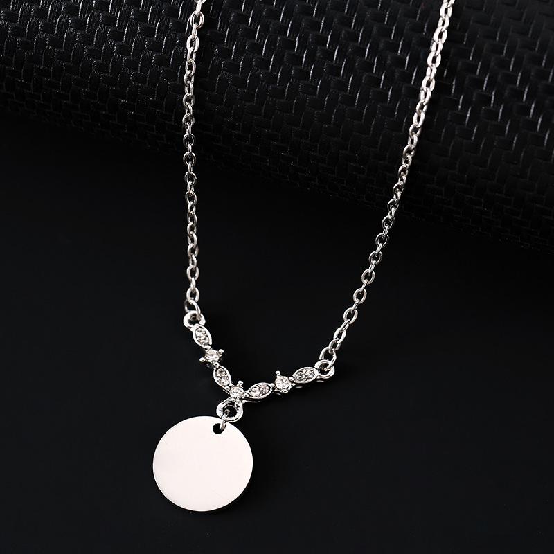 Laser UV Diamond V-Pendant Round Plate Stainless Steel Necklace