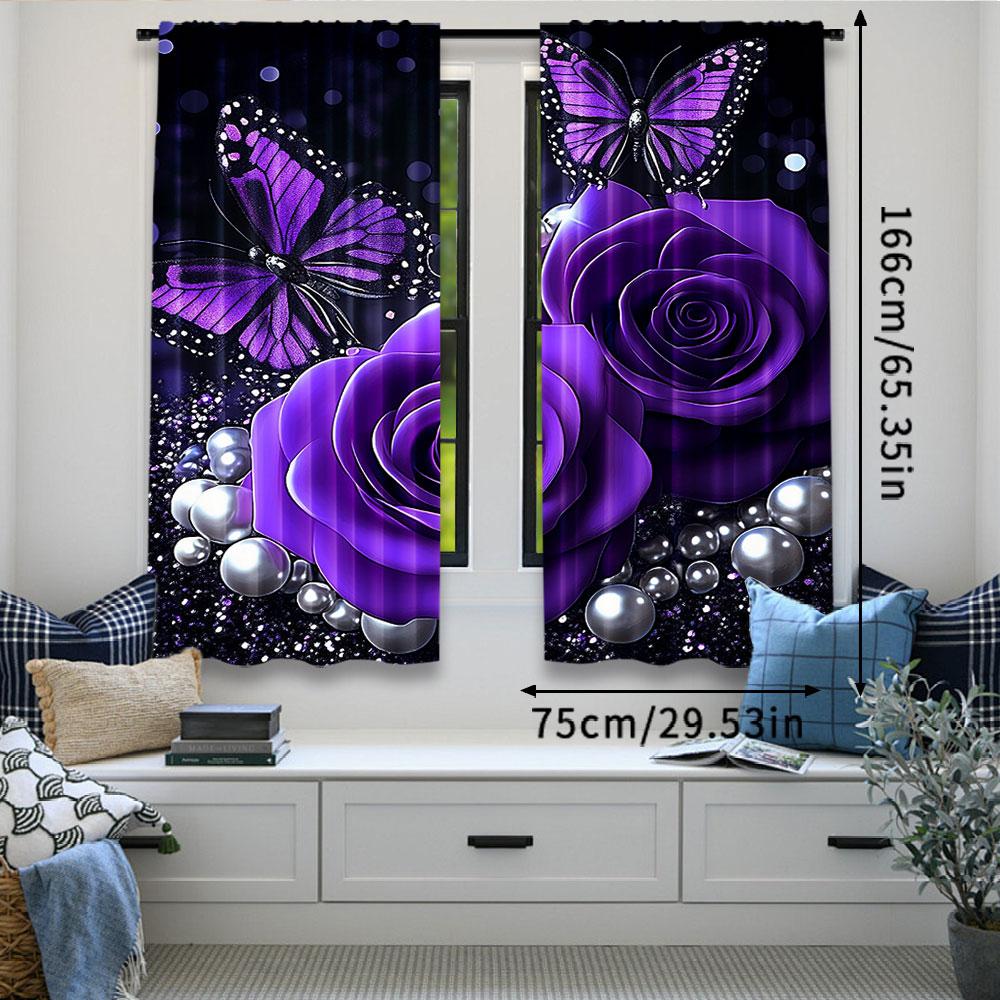 2Pcs Purple Roses Curtains Butterfly Flowers Romantic Valentine'S Day Curtains Adults Xmas Decor Starry Sky Galaxy Dreamy