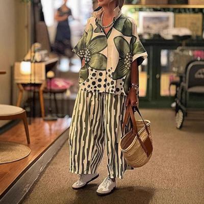 Damen-Set mit Blumendruck, lockeres zweiteiliges Set mit Revers, kurzärmeligem Oberteil und weitem Bein, Hose, Sommer, lässig, Boho, Streetwear