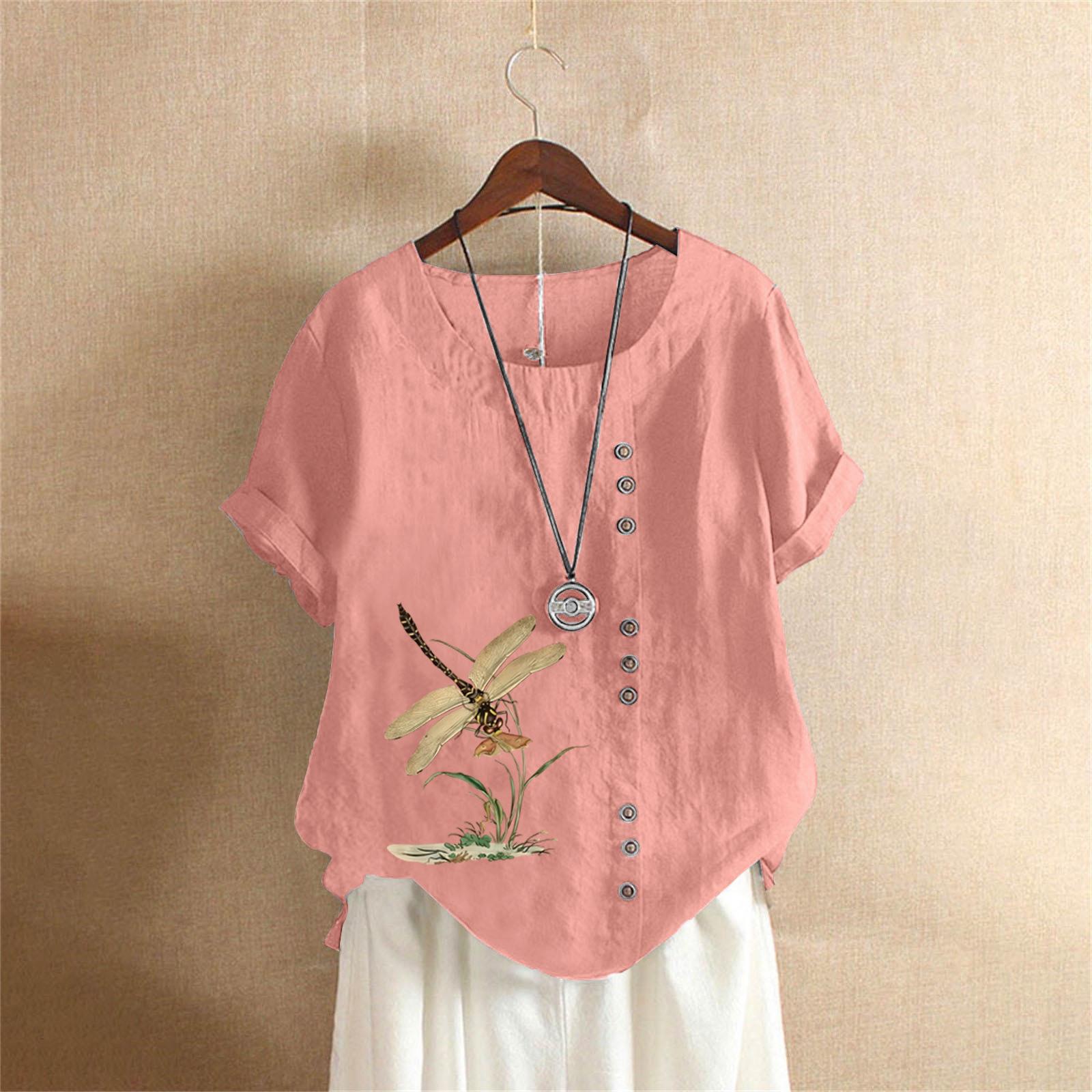 Летняя оверсайз хлопково-льняная футболка с коротким рукавом, Хлопково-льняная оверсайз женская одежда с принтом стрекозы S розовый