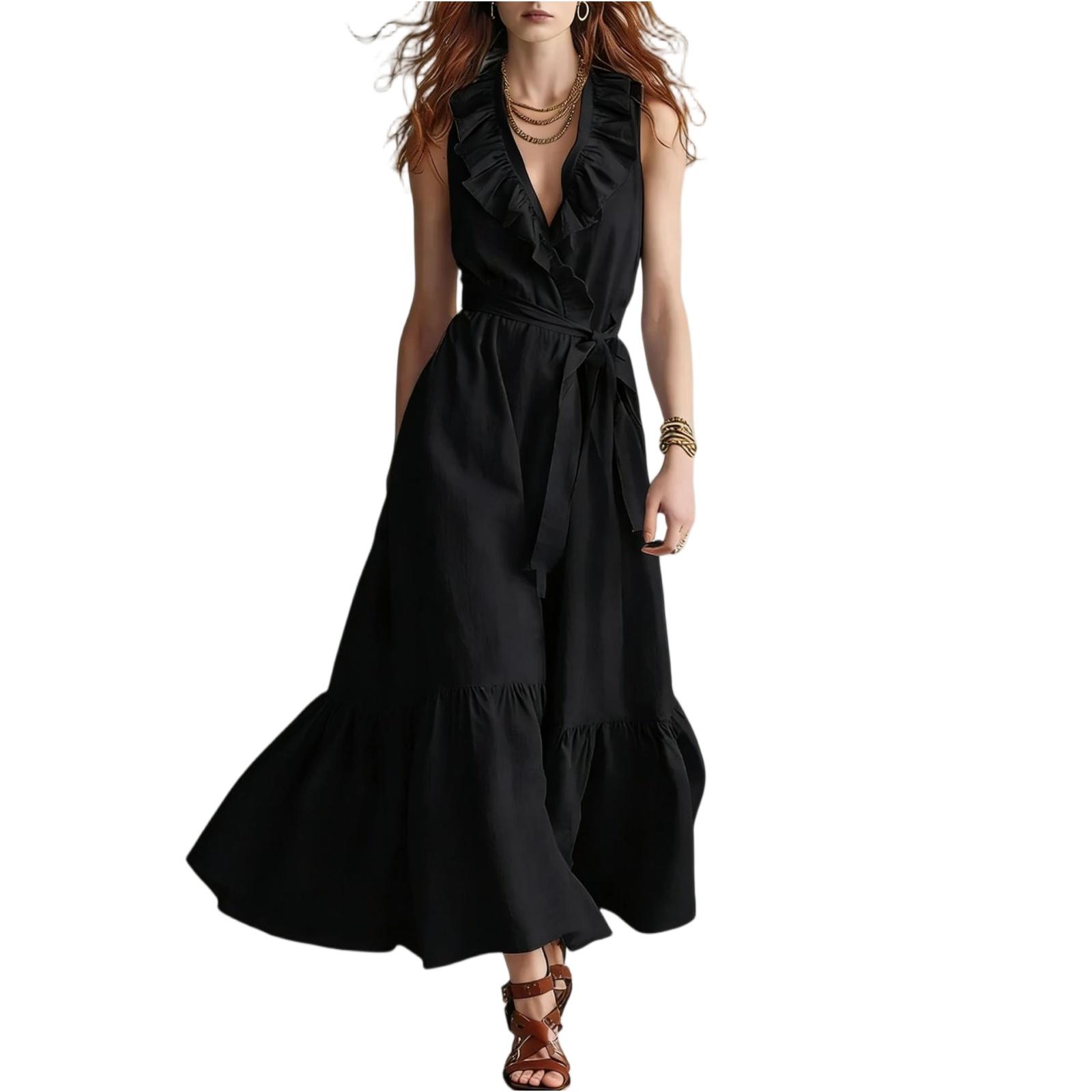 Ladies  Casual V-neck Sleeveless Lace Tied Patchwork Dress L чёрный