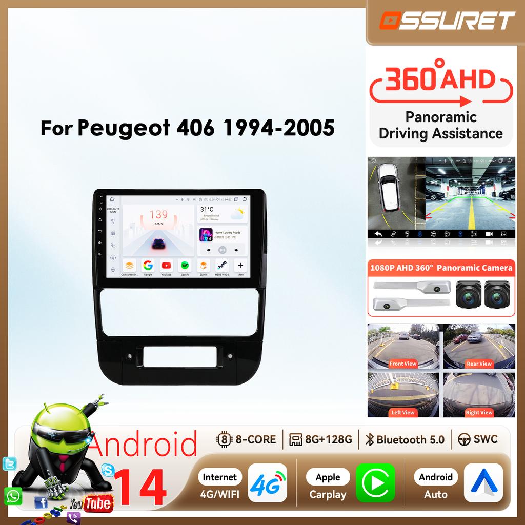 OSSURET 2din Autoradio Car Multimedia AI Voice Bluetooth 8Core Qualcomm Snapdragon 360° Cam Carplay Android Car Radio for Peugeot 406 1994-2005 GPS FM
