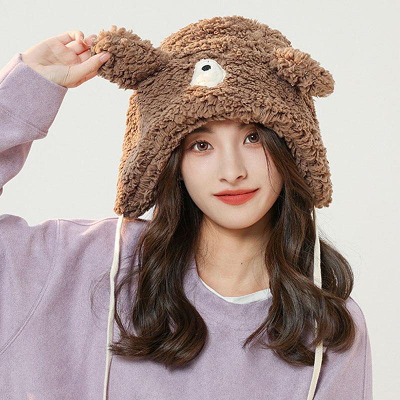 Winter Plush Women Hat Cute Bear Ear Protection Beanie Cap For Girls Female Kawaii Solid Color Faux Fur Warm Earmuffs Caps