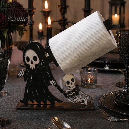 Dark Theme Table Organizer Halloween Wooden Napkin Holder, Ghost Pumpkin Skeleton Cat Bat Tissue Dispenser, Waterproof Gothic Room Decor Tabletop for