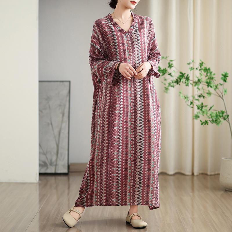 Early Spring Loose Casual Vacation Style V-neck Retro Mid Length Covered Cotton Linen Dress
