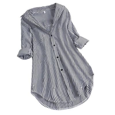 Tops Grande Taille pour Femmes Manches Longues Décontractés Imprimé Rayé Chemises Boutonnées Blouses Amples à Col Rabattu