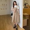 Women's Korean-Style Casual Trendy Waist-Contracting Slimming Long Dress Spliced Solid-Color Short-Sleeve Fake Two-Piece Dress