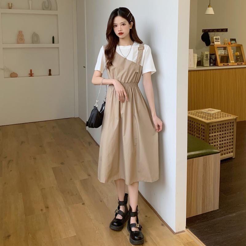 Women's Korean-Style Casual Trendy Waist-Contracting Slimming Long Dress Spliced Solid-Color Short-Sleeve Fake Two-Piece Dress