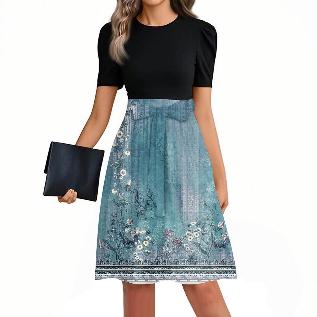 Dámské módní ležérní šaty s krátkým rukávem, kulatým výstřihem a potiskem patchworku