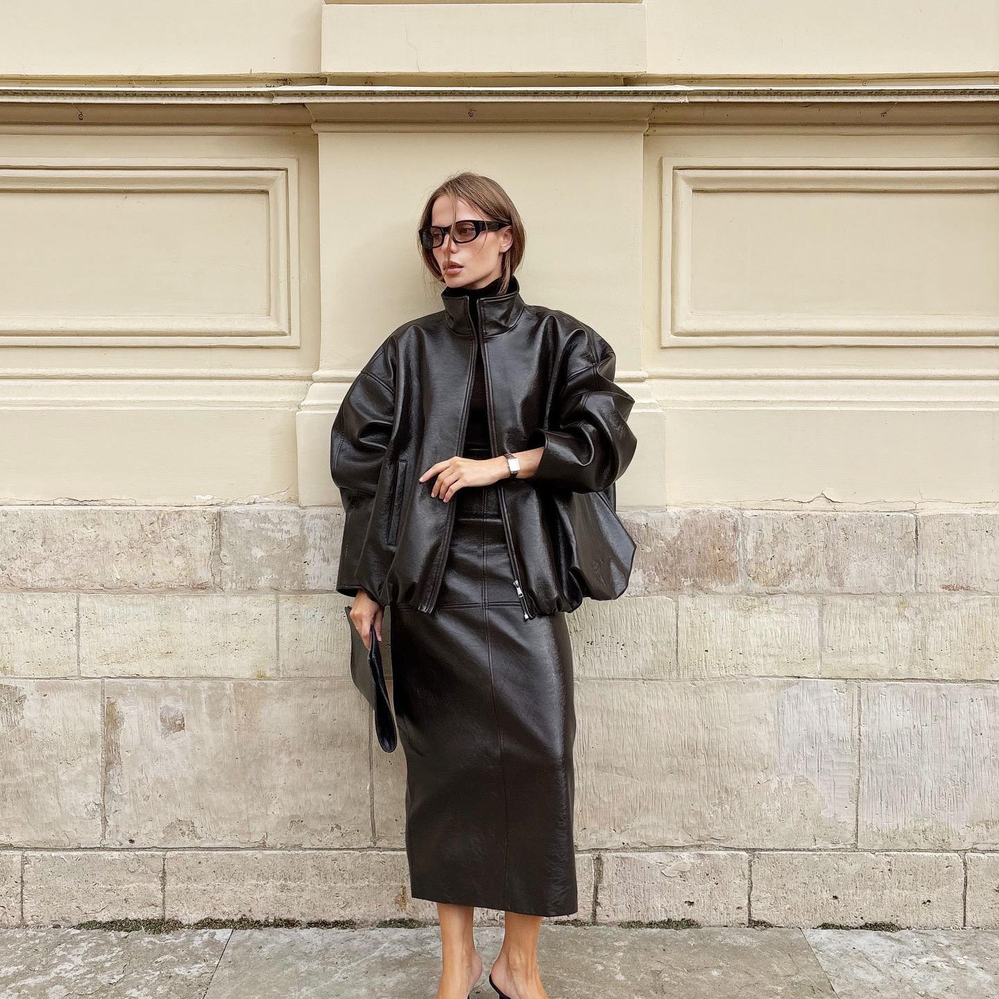 

High-End PU Leather Mid-Length Skirt New Autumn And Winter Design Slit Leather Skirt Elegant And Fashionable For Women L чорний