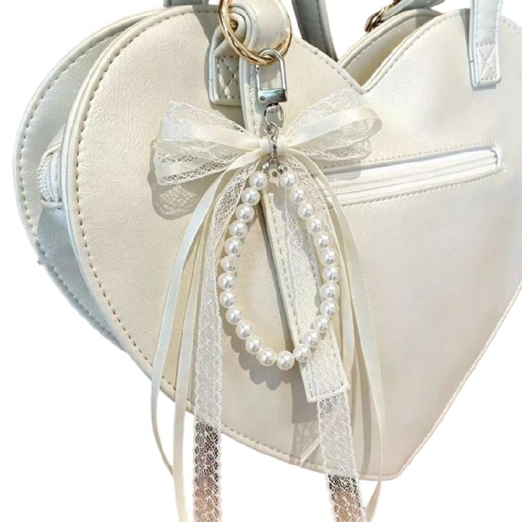 Decorative Zipper Pull Keychain Charm with Ribbon Accent, Lace Ribbon Tails, Beaded Drop and Clasp for Daily Bags