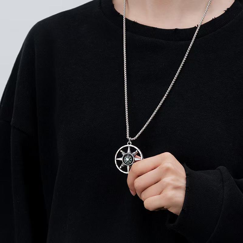 Influencer Style Men's Hip Hop Compass Pendant Necklace - Trendy Stainless Steel Sweater Chain
