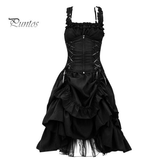 

Женское платье для косплея в готическом стиле, ведьма, многослойный сетчатый костюм с рюшами и подолом на Хэллоуин, на шнуровке, на бретельках, без воротника, на молнии, без рукавов, трапециевидной формы. S чёрный