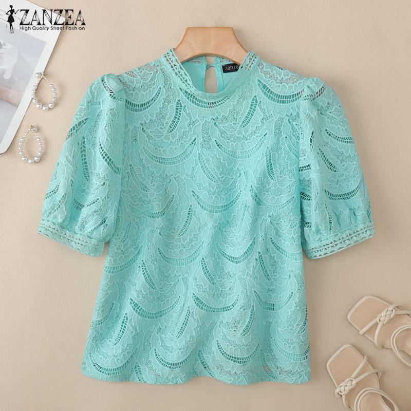 ZANZEA Bluză casual de vară cu mâneci scurte și guler rotund pentru femei, cu dantelă patchwork