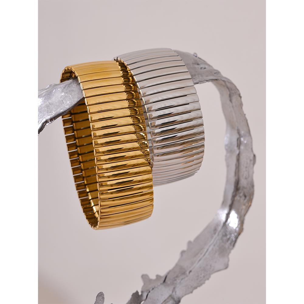 Yhpup Elastic 316L Stainless Steel Metal Wide Big Statement Bracelet Bangle Rust Proof 18K Gold Plated Hyperbole Unisex Jewelry