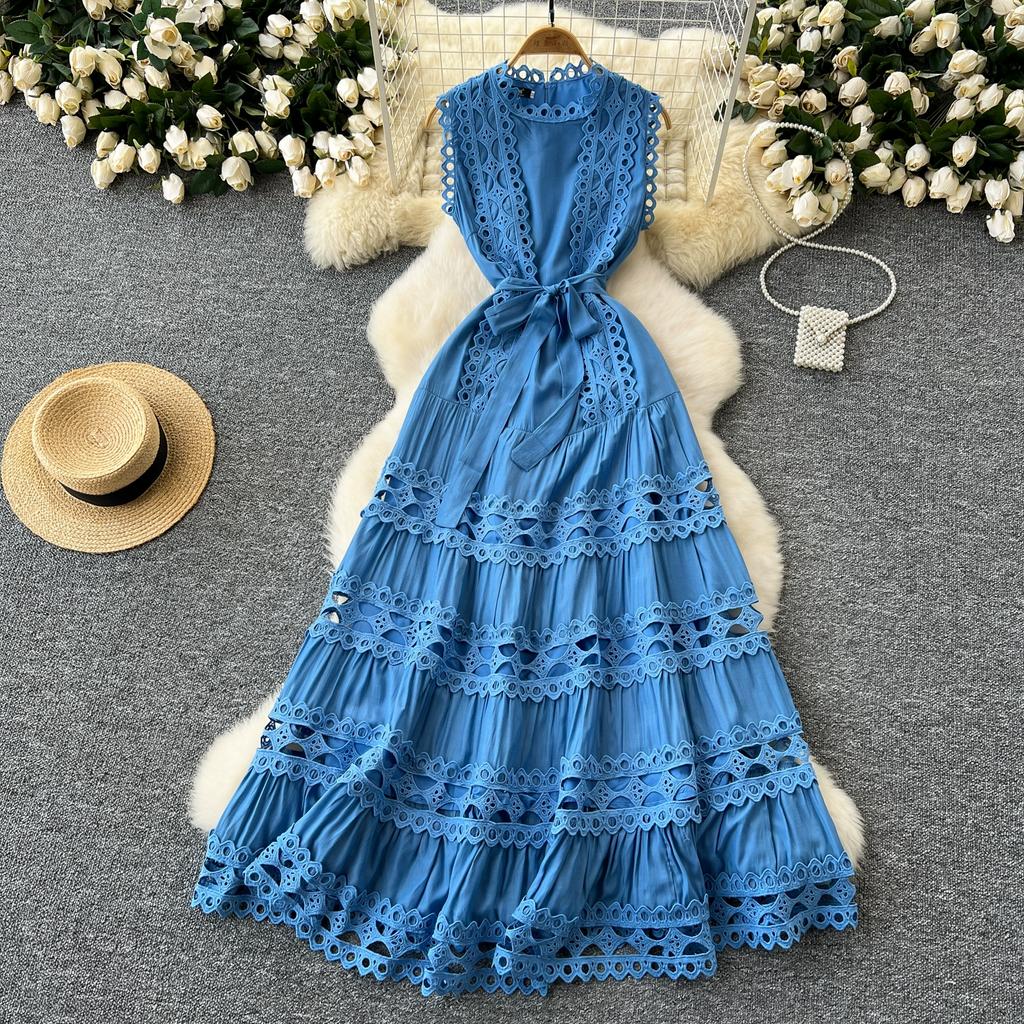 Rochie maxi lungă de vacanță cu broderie cu îmbinare din dantelă elegantă de vară Rochie de petrecere de nuntă fără mâneci pentru femei