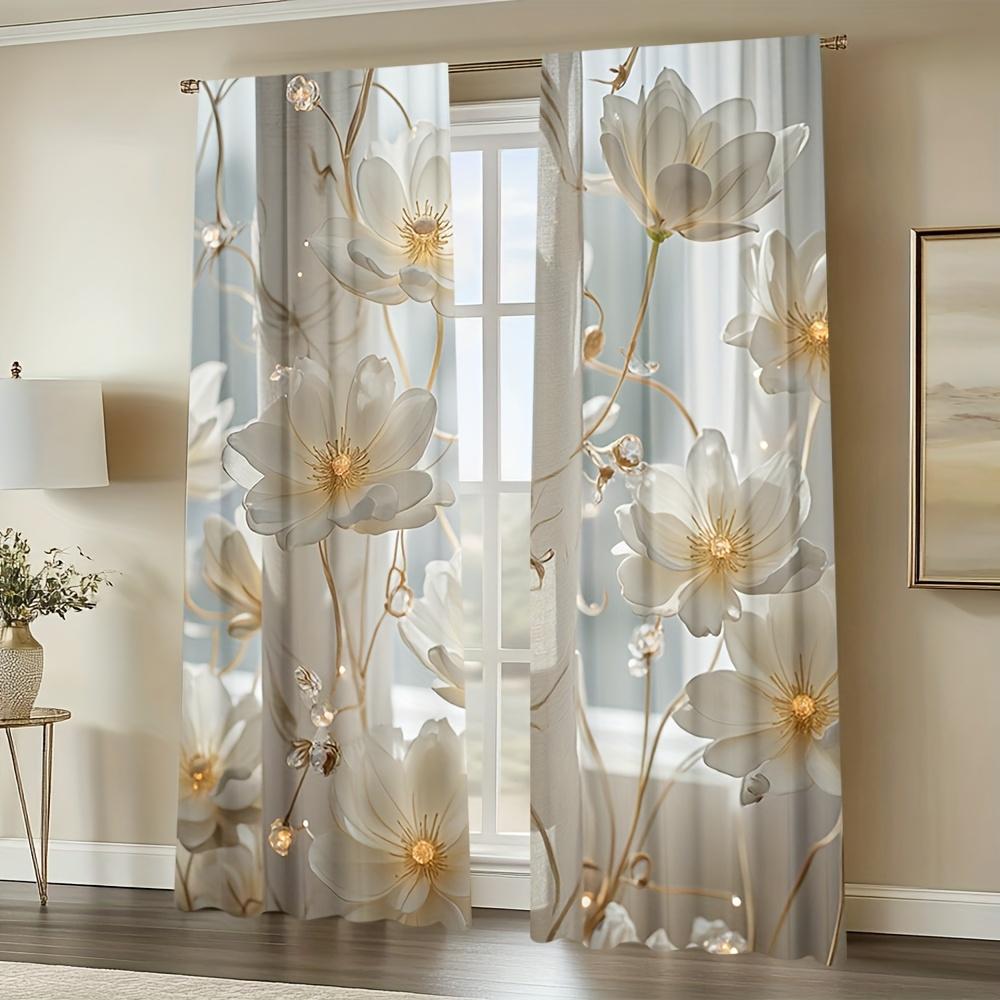 2pcs Gold Floral Crystal Print Curtains – Elegant White and Gold Blossom Design for Living Room Bedroom Office Kitchen and More