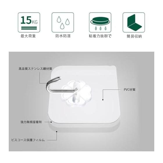 [Set of 12] Wall Hanging Hooks, Adhesive, Strong, No-Drill Hooks, Moisture-proof, No Rust, No Paste Marks, No Drills, Transparent